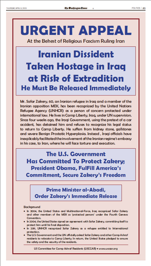 In Newspaper Ad USCCAR Urges U.S. to Act for Immediate Release of Iranian dissident taken hostage in Iraq